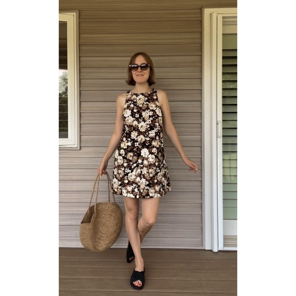 Abercrombie & Fitch High-Neck‎ Linen-Blend Mini Dress Brown Floral M Tall